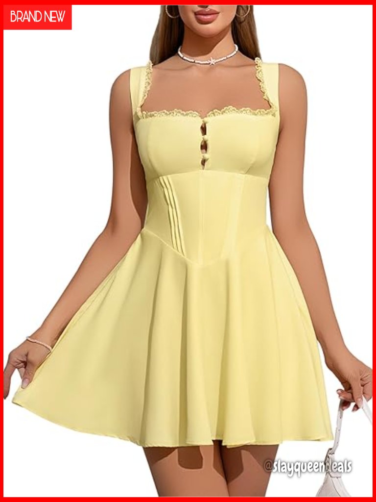 Women's Square Neck Lace Ruffle A Line Corset Mini Dress